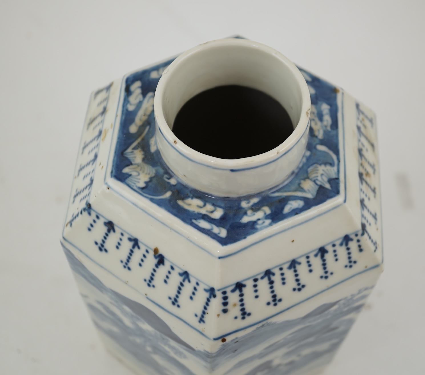 A Chinese blue and white ‘landscape’ hexagonal jar and cover, late 19th century